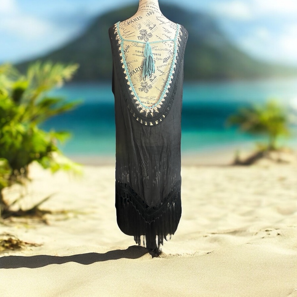 Fringe Floral Black Swim Coverup - Picture 6 of 8